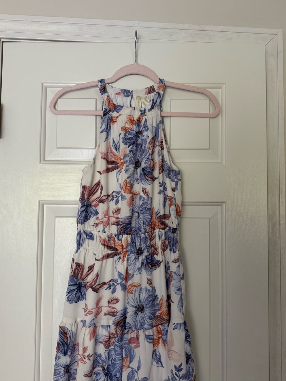Floral Halter Maxi Dress in White with Blue & Coral Print - Picture 2 of 5